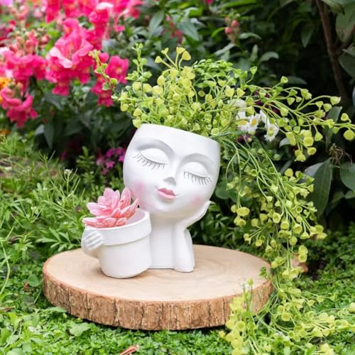 Lady Face Planter Pots Head - Double Cute Planters for Indoor Plants, Flower & Succulent with Drainage Holes, Novelty Head Plant Pot for Home Garden Succulents Cactus White - color: White-b