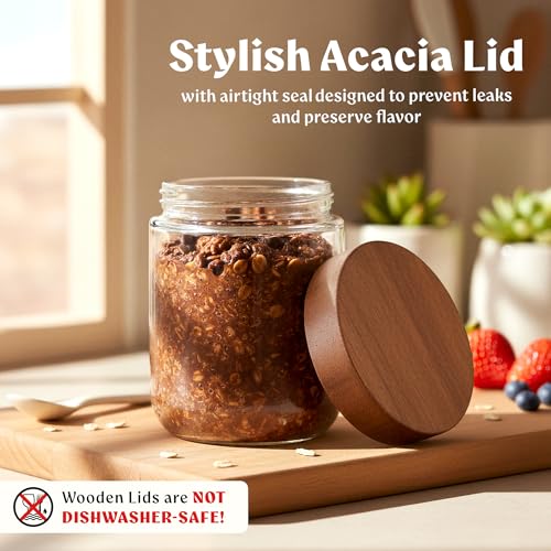 Overnight Oats Containers with Lids - Glass Mason Jars, Meal Prep | Acacia Wood, Airtight Silicone Seal Set of 4 - Stackable for Chia Pudding, Yogurt, Cereal, Oatmeal, Salad, Pantry Storage - color: 4 pack - Acacia no Spoon