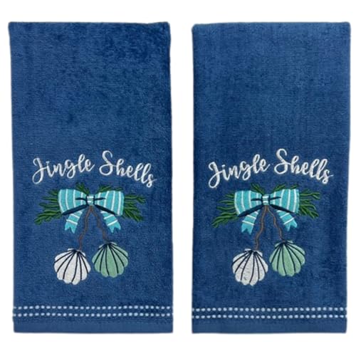 Coastal Christmas Bathroom Hand Towels, Set of 2, 16 x 26, Blue Holiday Bath Towels with Jingle Shells Beach Design, 100% Cotton, Seasonal Decor for Kitchen or Bath - color: Jingle Shells