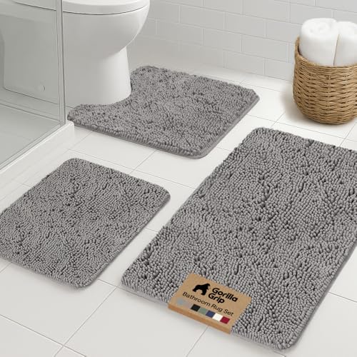 GORILLA GRIP Area Rug Sets 3 Piece, Bath Mat Set and Oval Toilet Base with Rubber Backing, Plush Absorbent Shaggy Chenille Washable Mats, Includes 24x19.5, 24x17 and 30x20 Inch Rugs, Grey - color: Grey, style: 24"x19.5" + 24"x17" + 30"x20" - 3 Pack