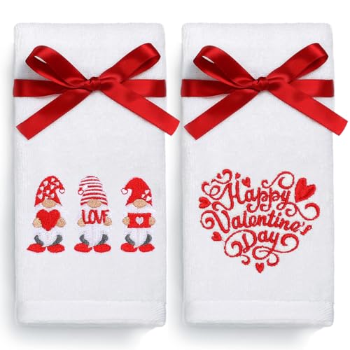 Valentines Day Hand Towels 100% Cotton Embroidered Red Gnome Heart Decorative Bathroom Kitchen Dish Towels Set Gift Set of 2 14x29 inch - color: Va.red Gnome