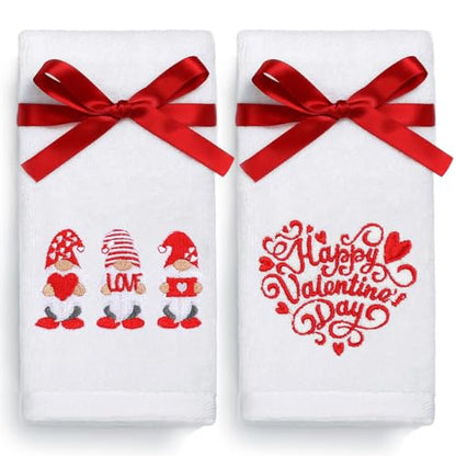 Valentines Day Hand Towels 100% Cotton Embroidered Red Gnome Heart Decorative Bathroom Kitchen Dish Towels Set Gift Set of 2 14x29 inch - color: Va.red Gnome