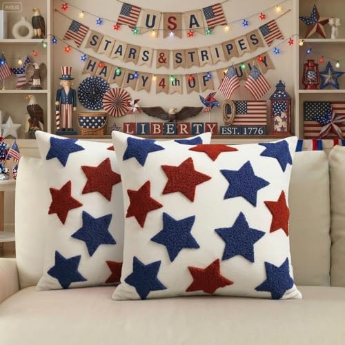 4th of July Patriotic Pillow Covers with Red Blue Stars Embroidered | Pillow Covers 18x18 Independence Day Decor | Tufted Patterned Linen Cushion Case for Couch Sofa