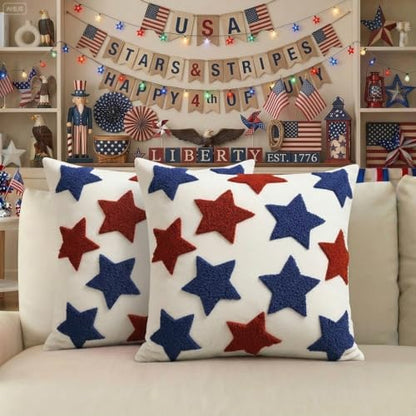 4th of July Patriotic Pillow Covers with Red Blue Stars Embroidered | Pillow Covers 18x18 Independence Day Decor | Tufted Patterned Linen Cushion Case for Couch Sofa