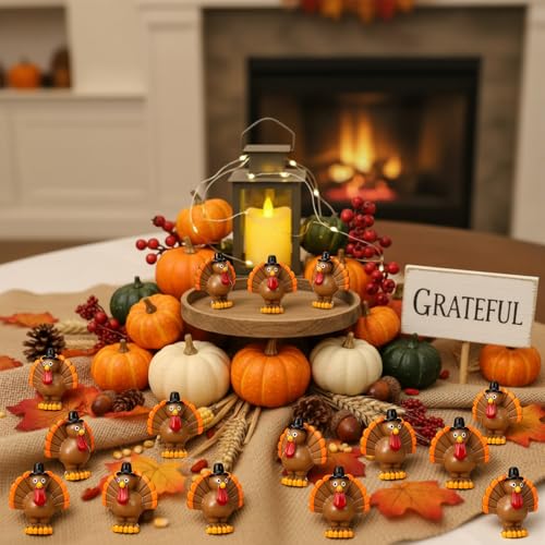 RoundFunny 50 Pcs Miniature Fall Resin Turkey Figurines Thanksgiving Decor | Mini Turkey to Hide and Seek, Fall Thanksgiving Little Statue for DIY Crafts Autumn Harvest Party Table Tiered Trays Decor - style: Turkey