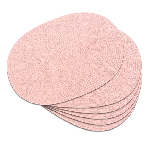Placemats Set of 6, Woven Oval Braided Dining Table Mats(Blush Pink) | 12 x 17.5 Inch Size Fits Plates and Flatware; Hand Washable and Heat Resistant for Kitchen Use, with Farmhouse and Boho Style - color: Solid Pink, size: 6 pcs