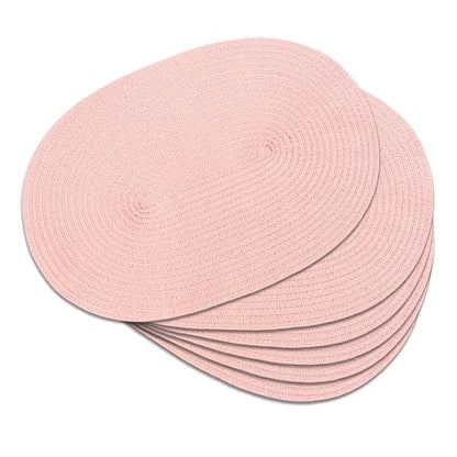 Placemats Set of 6, Woven Oval Braided Dining Table Mats(Blush Pink) | 12 x 17.5 Inch Size Fits Plates and Flatware; Hand Washable and Heat Resistant for Kitchen Use, with Farmhouse and Boho Style - color: Solid Pink, size: 6 pcs