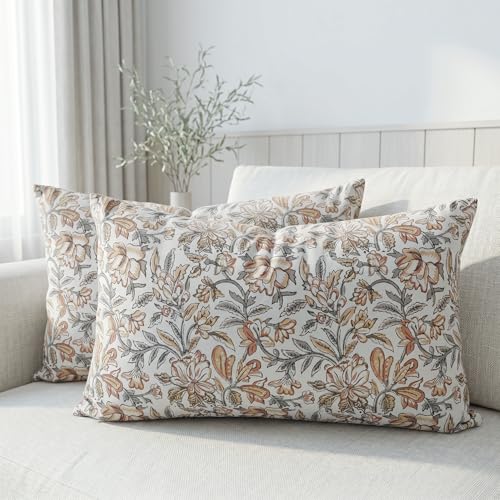 Floral Lumbar Pillow Covers 12x20 Vintage Block Print Pillow Covers Farmhouse Decorative Couch Pillows for Sofa, Living Room, Neutral Botanical Accent Cushion Cover(2, Rust Tan Mustard, 12x20) - color: Rust Tan Mustard, size: 20" x 12" (Pack of 2)
