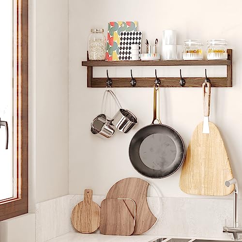 AMBIRD 28.9 Inch Length Shelf with Hooks Entryway Coat Rack Wall Mount Wood Coat Hooks with Shelf Wall-Mounted Coat Hook Rack with 5 Dual Hooks for Bathroom, Living Room, Bedroom (Brown) - size: 28.9inch, style: Retro Brown