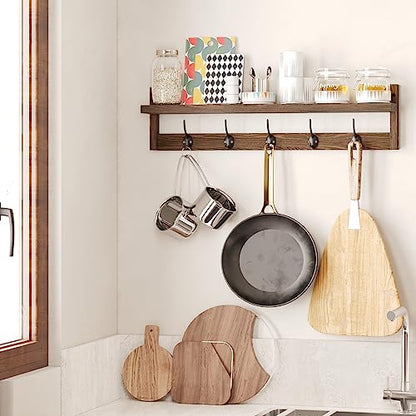 AMBIRD 28.9 Inch Length Shelf with Hooks Entryway Coat Rack Wall Mount Wood Coat Hooks with Shelf Wall-Mounted Coat Hook Rack with 5 Dual Hooks for Bathroom, Living Room, Bedroom (Brown) - size: 28.9inch, style: Retro Brown