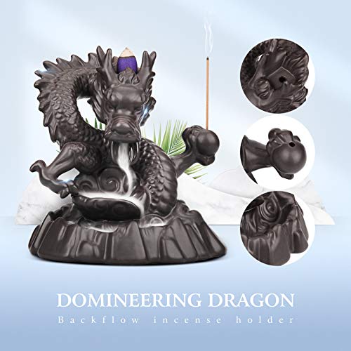 Ceramic Dragon Backflow Incense Holder Waterfall Incense Burner, Smoke Incense Holder, with 70 Backflow Incense Cones + 50 Incense Stick, 1 Mat, 1 Tweezers Home Decor (Brown-Dragon) - color: Brown-dragon