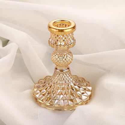 OwnMy Gold Glass Taper Candle Holders Decorative Glass Candlestick Holders | 2PCS Modern Glass Taper Candle Stands, Glass Taper Candlestick Holders for Dining Table Centerpieces Wedding Church Decors