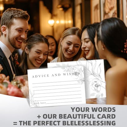 Advice & Wishes Cards Box - Elegant Floral Keepsake for Wedding, Baby Shower, Retirement - 60 Cards + Wooden Box & Stand - color: WHITE FLORAL