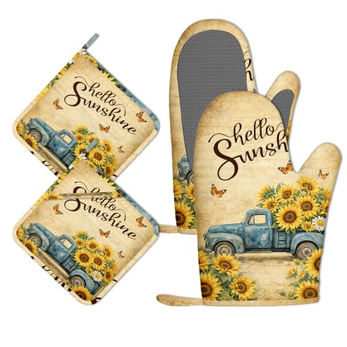 Vintage Sunflower Truck Oven Mitts and Pot Holders Sets of 4 PCS, Hello Sunshine Oven Gloves Potholder for Kitchen Cooking Baking BBQ Heat Resistant - color: Hello Sunshine
