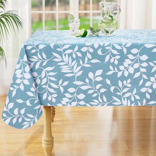 Rectangle Waterproof Vinyl Table Cloth, Wipeable Tablecloth with Flannel Backing, Plastic Table Cover for Dinner, Picnic, Indoor and Outdoor (Blue Leaves, 52" x 70") - color: Baby Blue, size: 70" x 52" (Rectangular)
