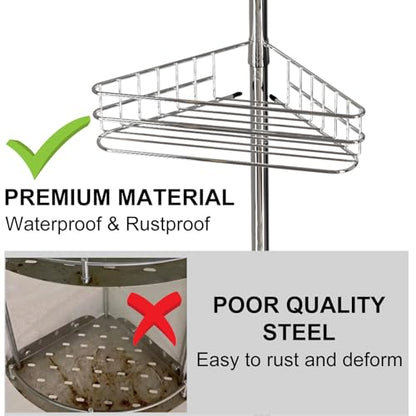 Garvee Corner Shower Caddy Tension Pole, 76 in-110 in Adjustable Bathroom Organizer Shelves, 4-Tier Rustproof Bathroom Shelves with Built-In Towel Bars to Space-Saving, Silver | Adjustable Bathroom Shelf Organizer, Rust-Resistant Floor to Ceiling Storage