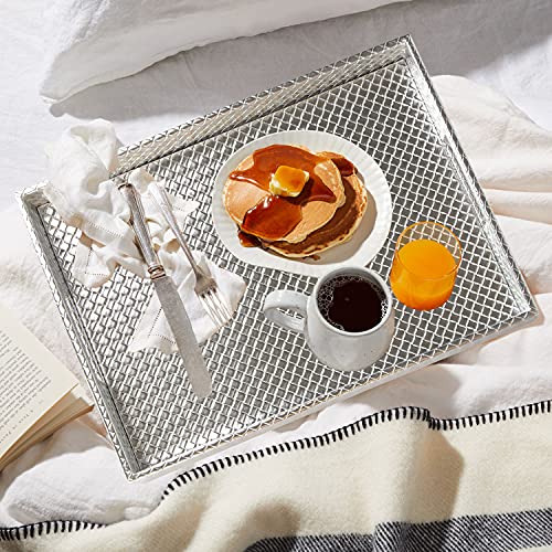 HofferRuffer Rectangle Serving Tray with Hole Handles for Coffee Table, Breakfast, Tea, Food, Butler - Countertop, Kitchen, Vanity Serve Tray, 16.2 x 12.2 x 2 inches, Faux Leather (Silver) - color: Silver