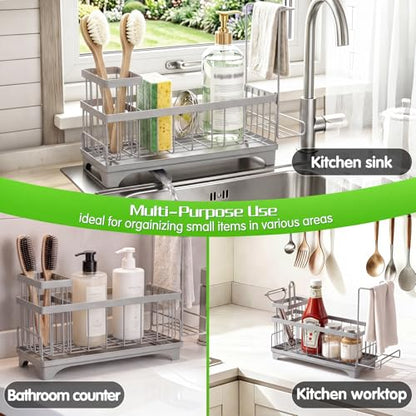 VOOWO Sponge Holder for Kitchen Sink, Compact Sink Caddy with Brush Holder | 304 Rustproof Stainless Steel Dish Soap Holder, Small Kitchen Sink Organizer, Self-Draining Dish Wand Holder with Towel Rack - color: Gray
