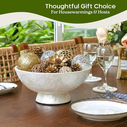 11” White Capiz Shell Decorative Bowl, Large Footed Centerpiece Bowl for Kitchen Island Decor, Modern Farmhouse Fruit Bowl for Entryway & Home Décor Accents