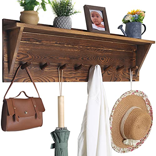 WEBI Coat Rack Wall Mount with Shelf,8 Peg Hooks,34" Long Rustic Entryway Wall Shelf with Hooks Underneath for Hanging Coats,Clothes,Bathroom,Rustic Brown - color: Brown, size: 34 Inch