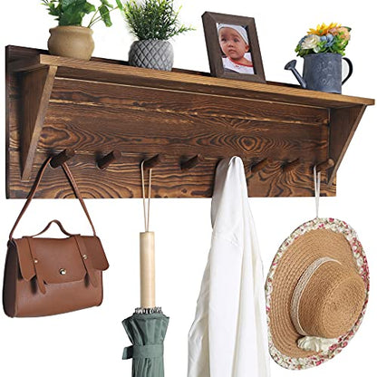 WEBI Coat Rack Wall Mount with Shelf,8 Peg Hooks,34" Long Rustic Entryway Wall Shelf with Hooks Underneath for Hanging Coats,Clothes,Bathroom,Rustic Brown - color: Brown, size: 34 Inch