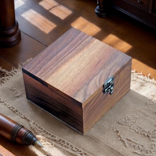 Handcrafted Walnut Wood Keepsake Box – 4.3 x 4.3 x 2.5 inch – Jewelry, Watch & Gift Storage Box – Rustic Wooden Box for Wedding, Birthday, Christmas - color: Walnut Box-XPFH-11*11CM