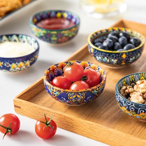 vancasso SIMI 2.7 Oz Ceramic Dipping Bowls Set of 6, Bohemian Sauce Bowls | For Soy Sauce, Sushi, Dips, and Condiments, Microwave and Dishwasher Safe, 3 Inch Mini Dishes, Bohemian Design