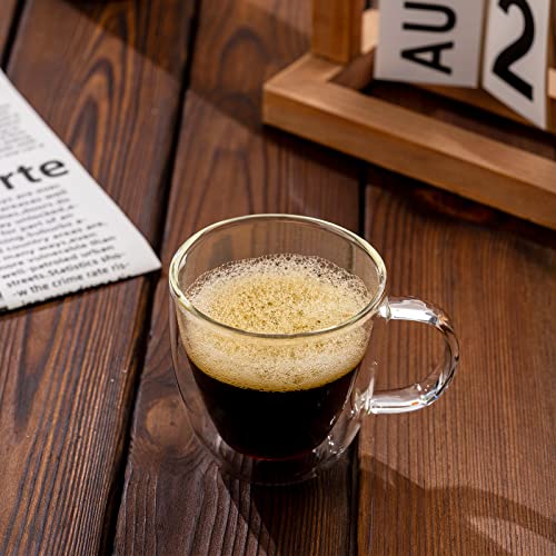Double Wall Glass Coffee Mugs 5oz / 150ml, Set of 2 Insulated Mugs with Handles, Stylish Tazas de Cafe Con Estilo