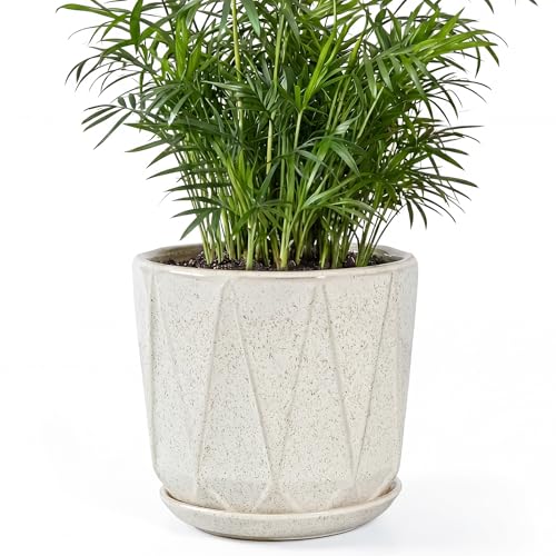 7.8 Inch Ceramic Plant Pot with Drainage Hole Mesh Net, Large Flower Pots for Indoor Plants with Saucer, Gardening Pots Outdoor (Silk White) - color: Silk White, size: 7.8 Inch