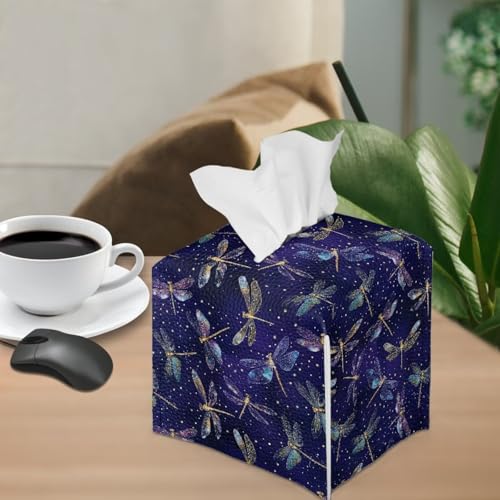 Dragonfly Leather Tissue Box Cover with Bottom Strap Foldable Tissues Cube Easy to Clean Case for Bathroom Living Room Office Desk Tabletop - color: Dragonfly