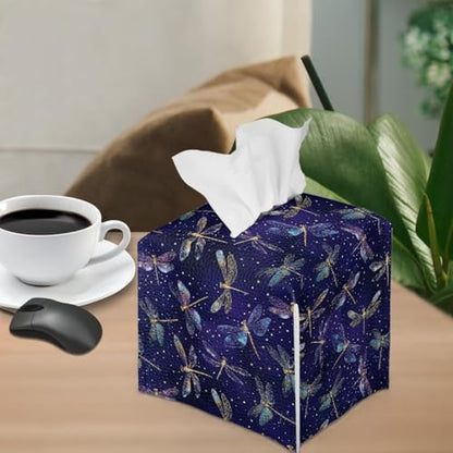 Dragonfly Leather Tissue Box Cover with Bottom Strap Foldable Tissues Cube Easy to Clean Case for Bathroom Living Room Office Desk Tabletop - color: Dragonfly