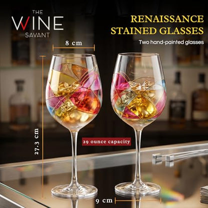 Artisanal Hand Painted Stemmed Wine Glasses - Everyday Celebrations, Gifts Idea for Wife, Mom, Valentine, Holiday Renaissance Romantic Stain-glassed Windows, 2 Set - Gift Idea Birthday, Housewarming - style: Stemmed Glasses Set