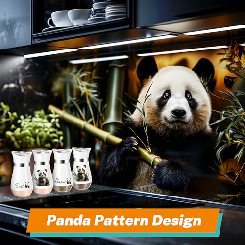 Panda Salt and Pepper Shakers - 4 oz Glass Set with Stainless Steel Lids | Eating Panda Design with Glass Bottoms and Stainless Steel Lids Adds Playful Style to Kitchens and Makes Refilling Easy. - color: Panda Eatting