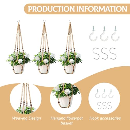 3Pcs Macrame Plant Hangers Indoor 35Inch Brown Hemp Rope Plant Hanger Hanging Plant Holders Hanging Planter Basket Flower Pot Holder with S Hooks and Hook Nails, Crochet Home Decor Plant Hanger