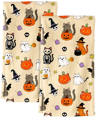 150GSM Flour Sack Kitchen Towels Set of 2, Spooky Cats | 18"x26", Lightweight, Lint-Free, Pure Cotton, Decorative, with Hanging Loop, Absorbent, Softer after Wash, Giftable Package - color: Spooky Cats
