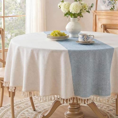 Softalker Outdoor Linen Tablecloth Round 55 x 55 Inch, Waterproof Cotton Boho Farmhouse Table Cloths with Tassel, Heavy Weight Wrinkle Free Table Cover for Dining Home Picnic, Blue Stripe - color: Blue Stripe, size: 55" (Round)