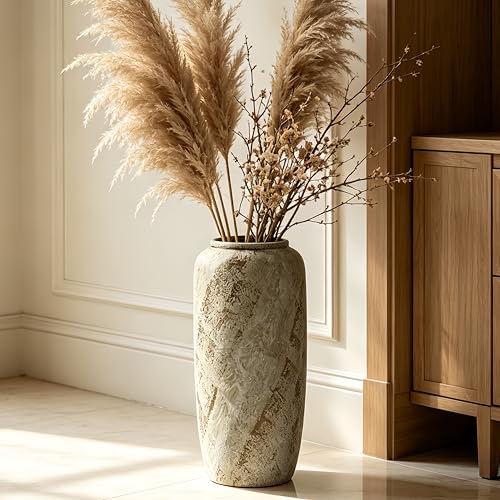 Rustic Ceramic Floor Vase, 15.7 Inch, Handpainted Finish | Living Room, Entryway, Fireplace, Pampas Grass, Dried Branches