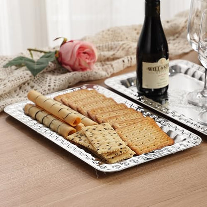4-Pack Small Silver Serving Trays Set - ZENOVLUX Swirl Floral Engraved Mirror Decorative Tray, 11.4" x 7" Wedding Party Platters for BBQ, Food, Appetizer, Charcuterie, Cookies, Desserts - size: 11.4" x 7"