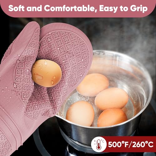 Silicone Oven Mitts, Heat Resistant Oven Gloves with Quilted Liner, Waterproof & Non-Slip Kitchen Mittens for Baking Cooking BBQ, 500°F, 12.5"-Rose Pink - color: Rose Pink