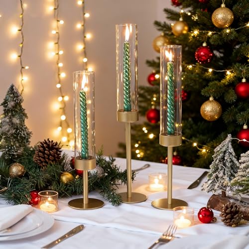 Ronasip Hurricane Candle Holders Set of 3, Matte Gold Metal Taper Candlestick Holders with Clear Glass Chimney Cylinder Tubes, Tall Candle Stands for Wedding, Christmas, Dining Table Centerpiece Decor