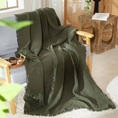 MooMee 100% Cotton Muslin Blanket, Fringed 4-Layer Gauze Bed Throw Blankets | Soft Breathable Lightweight Thin Coverlet Summer Blankets for Adults, Bed & Couch All Seasons, Olive Green, 108" x 98" - color: Olive Green, size: Super King