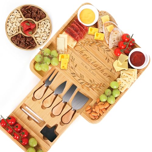 Personalized Charcuterie Board Set, Ideal Gift for Wedding, Housewarming, Holiday & Birthday, Natural Bamboo Cheese Board with Round Tray & Complete Knife Set