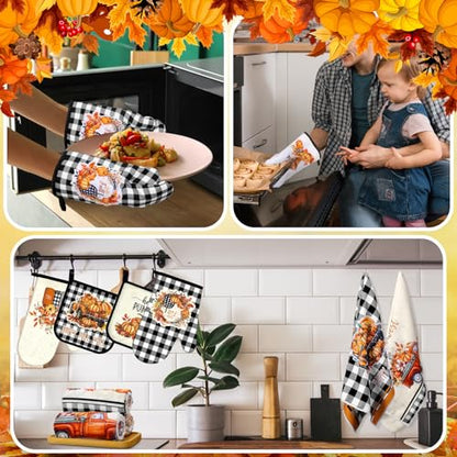 Pickmesh 12 Pcs Fall Kitchen Towels and Oven Mitt Sets 4 Maple Leaf Oven Mitts 4 Harvest Dish Towels and 4 Plaid Pot Pumpkin Holders Cooking Accessories for Thanksgiving Autumn Kitchen Decoration - style: Pumpkin