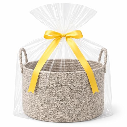 Big Gift Basket Empty Kit, Large Woven Rope Storage Basket, Beige | Includes Gift Bag and Ribbon, Premium Woven Rope, Soft Yet Structured, Reusable for Throw Blankets, Kids and Nursery Storage - color: Natural Brown, size: Large