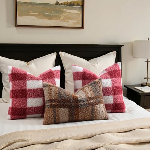 decorUhome Soft Plush Faux Wool Throw Pillow Covers 20X20 Inch Set of 2, Beige, Boucle Plaid Check Faux Fur Throw Pillow Covers 20x20 Inch Set of 2, Autumnal