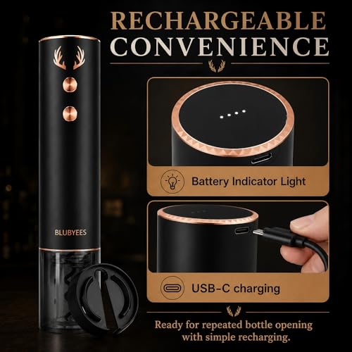 BLUBYEES 4-in-1 Electric Wine Opener Set – Rechargeable Automatic Corkscrew, Foil Cutter, Aerator & Vacuum Stopper, Wine Accessories Gift Set for Dad, Father’s Day Gifts for Men, Husband, Wine Lovers | Foil Cutter, Aerator Pourer, Vacuum Stopper, Automati
