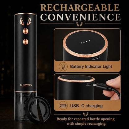 BLUBYEES 4-in-1 Electric Wine Opener Set – Rechargeable Automatic Corkscrew, Foil Cutter, Aerator & Vacuum Stopper, Wine Accessories Gift Set for Dad, Father’s Day Gifts for Men, Husband, Wine Lovers | Foil Cutter, Aerator Pourer, Vacuum Stopper, Automati
