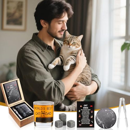 Bayelove Cat Dad Gifts, Best Gift for Dad, Gift with 12oz Whiskey Glasses, Stones, Coaster, Wooden Box for Catfather - color: Cat Dad