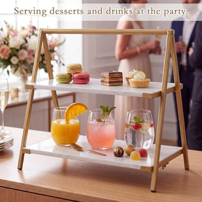 2-Tier White Marble Cake Stand with Gold Metal Frame Versatile 2-Tier Serving Tray for Desserts Cupcake Food for Briday Wedding Home Party Gatherings Decoration