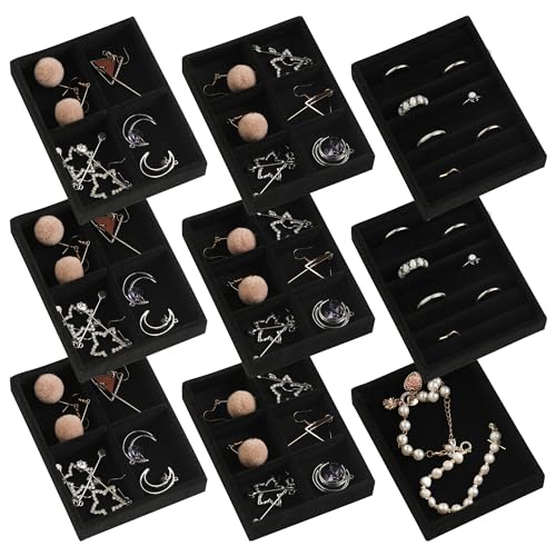Small Jewelry Organizer for Drawer,Set of 9 Velvet Jewelry Trays | Jewelry Box Inserts,Drawer Inserts,Vanity Drawer Organizer,Mini Size,Stackable Earring Organizer,Adjustable Dividers - color: Black, size: Mixed Set 9